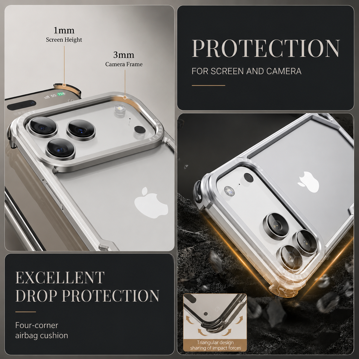 Premium iPhone Case Slim Aluminum Alloy Frameless Shockproof Cover Minimalist Wireless Charging Compatible Edge Protection Lightweight Slim Case Build