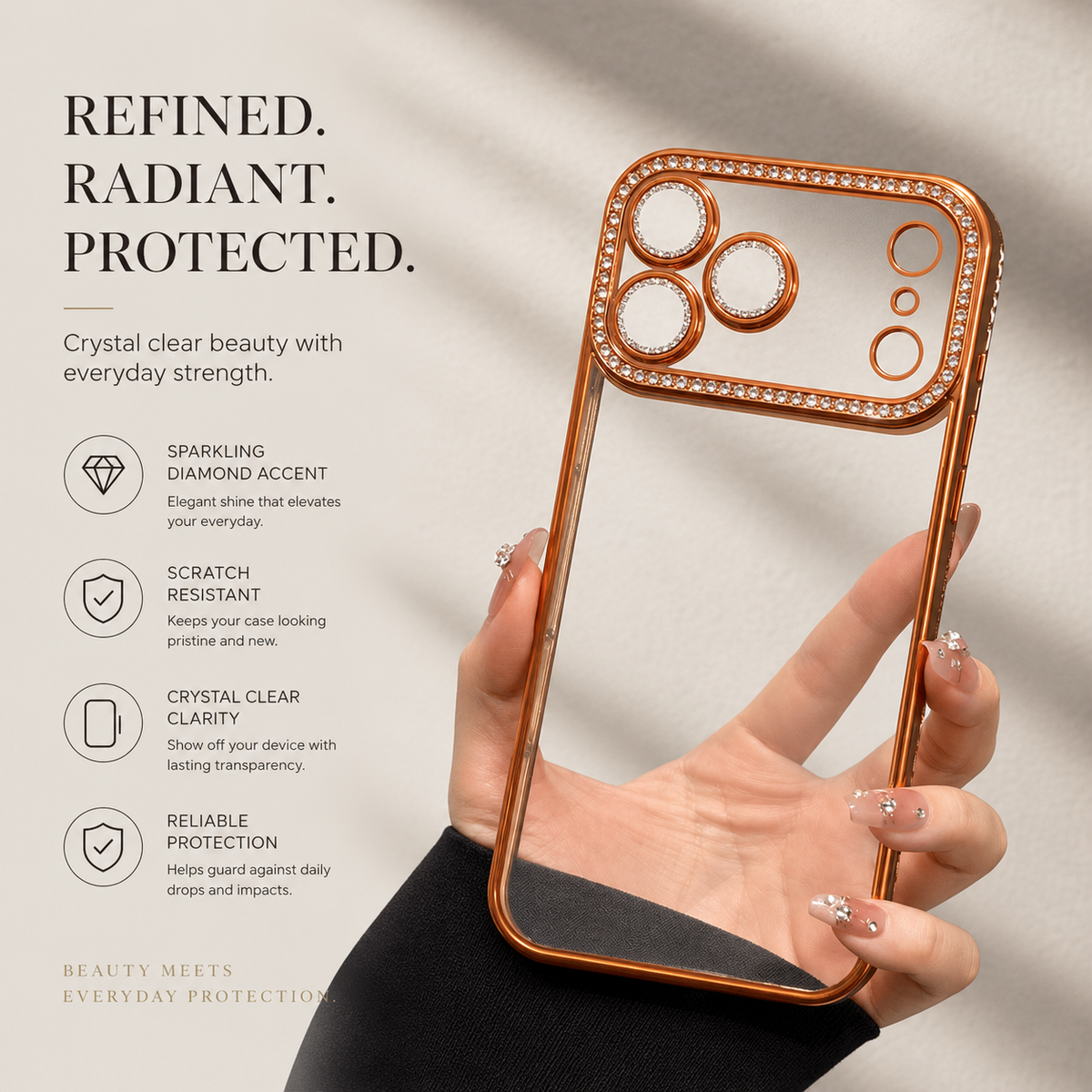 Premium iPhone Case Sparkling Rhinestone Clear Plating Shockproof TPU Dual Layer Anti Scratch Non Slip Lightweight Protective Bumper Cover Case Design