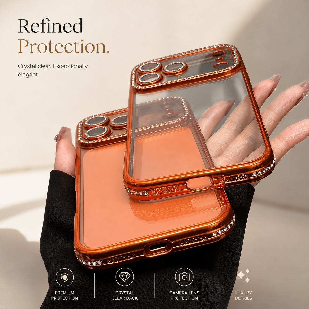 Premium iPhone Case Sparkling Rhinestone Clear Plating Shockproof TPU Dual Layer Anti Scratch Non Slip Lightweight Protective Bumper Cover Case Design