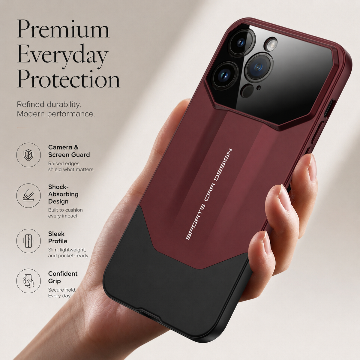 Premium iPhone Case Supercar Design Hard PC Shockproof Protective Cover Camera Lens Protection Anti Scratch Dustproof Slim Half Wrapped 2 in 1 Shell