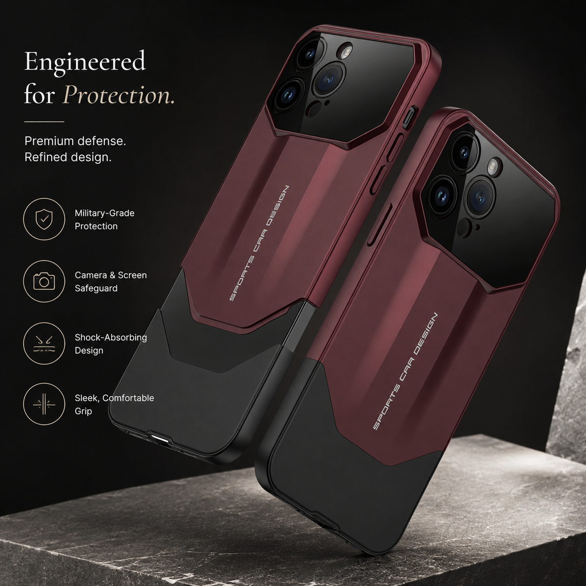 Premium iPhone Case Supercar Design Hard PC Shockproof Protective Cover Camera Lens Protection Anti Scratch Dustproof Slim Half Wrapped 2 in 1 Shell