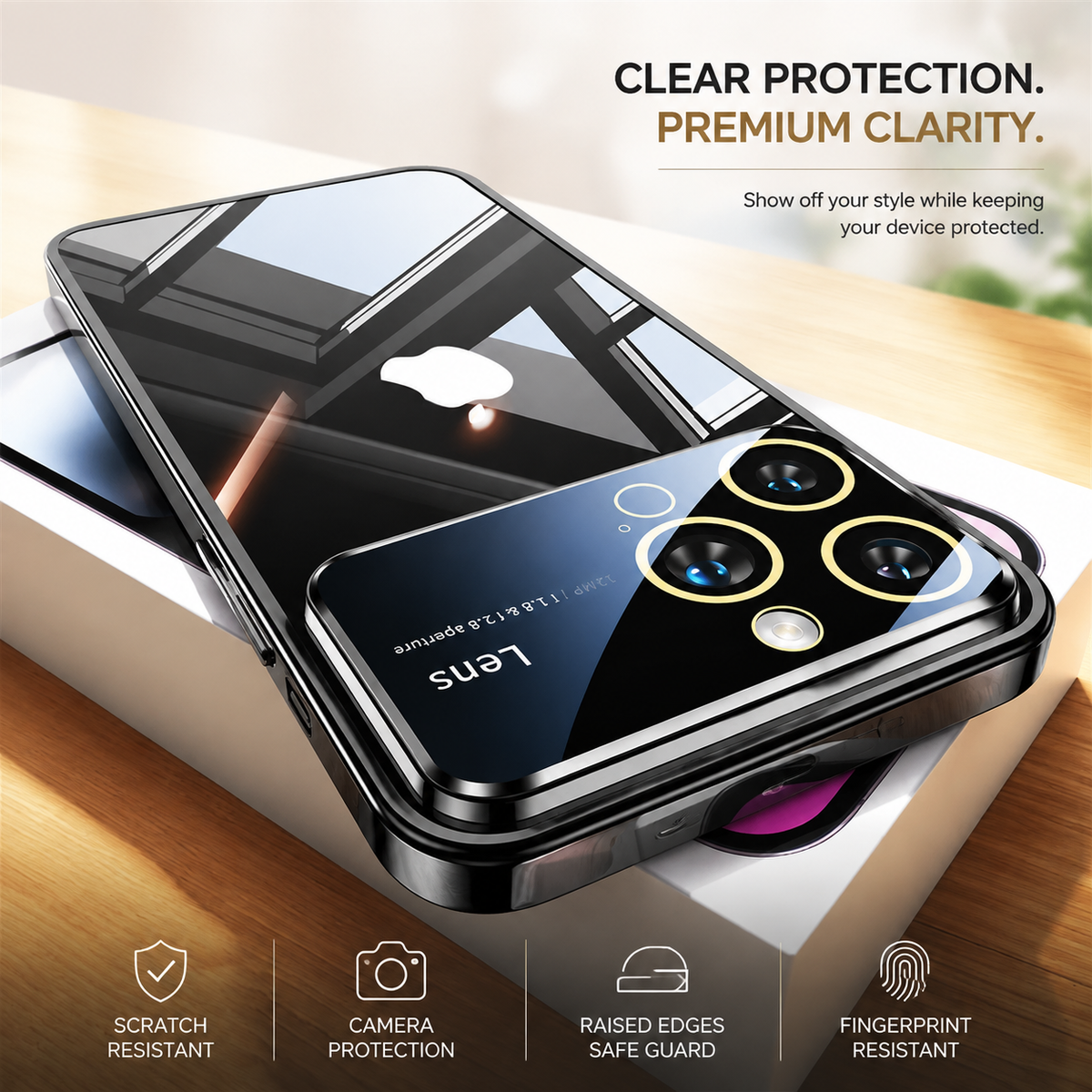Premium iPhone Case Tempered Glass Camera Protector with Clear Acrylic Hard Back Plated Edges Slim Shockproof Scratch-Resistant Design