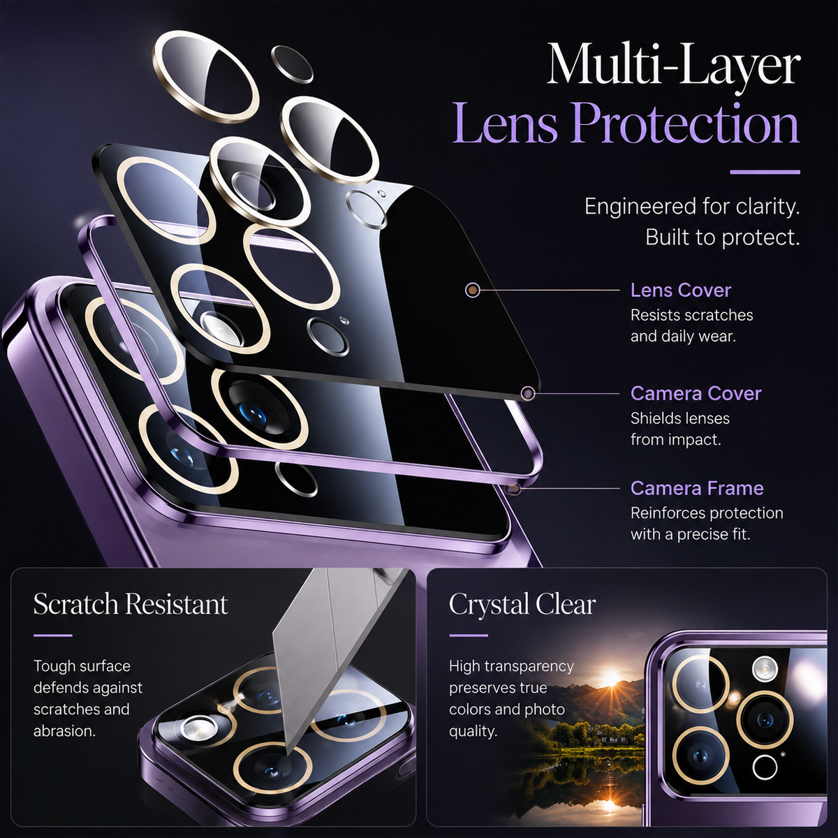 Premium iPhone Case Tempered Glass Camera Protector with Clear Acrylic Hard Back Plated Edges Slim Shockproof Scratch-Resistant Design