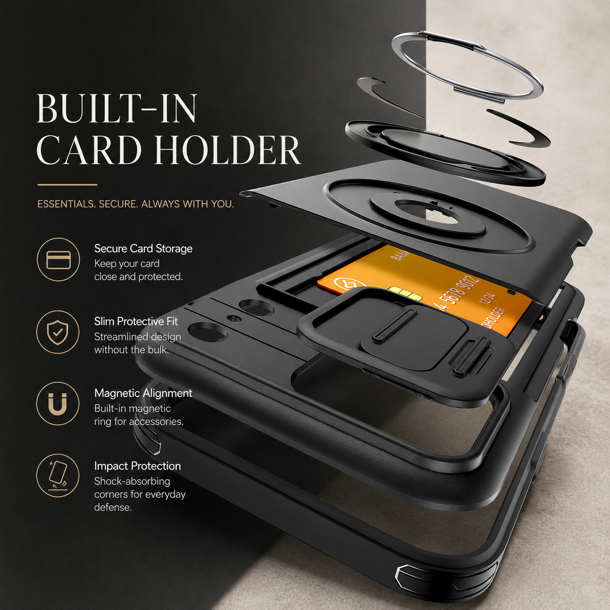 Premium iPhone Case Wallet Card Holder Shockproof Armor PC TPU Protective Cover Kickstand Stand Holder Slim Non Slip Reinforced Card Storage Case