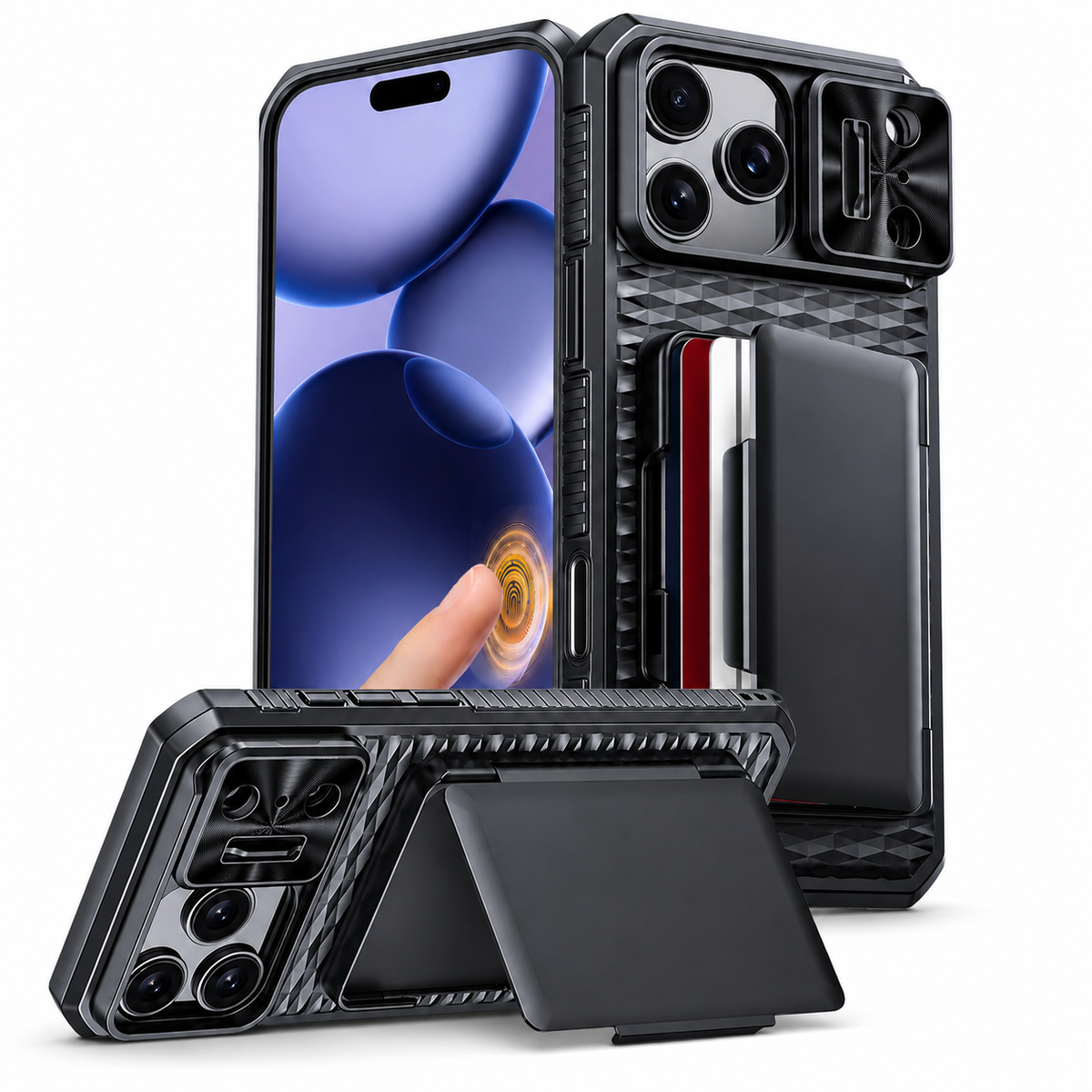 Premium iPhone Case Wallet Card Holder Sliding Camera Cover Stand Shockproof Dual Layer Heavy Duty Full Coverage Anti Scratch Slim Protective Design