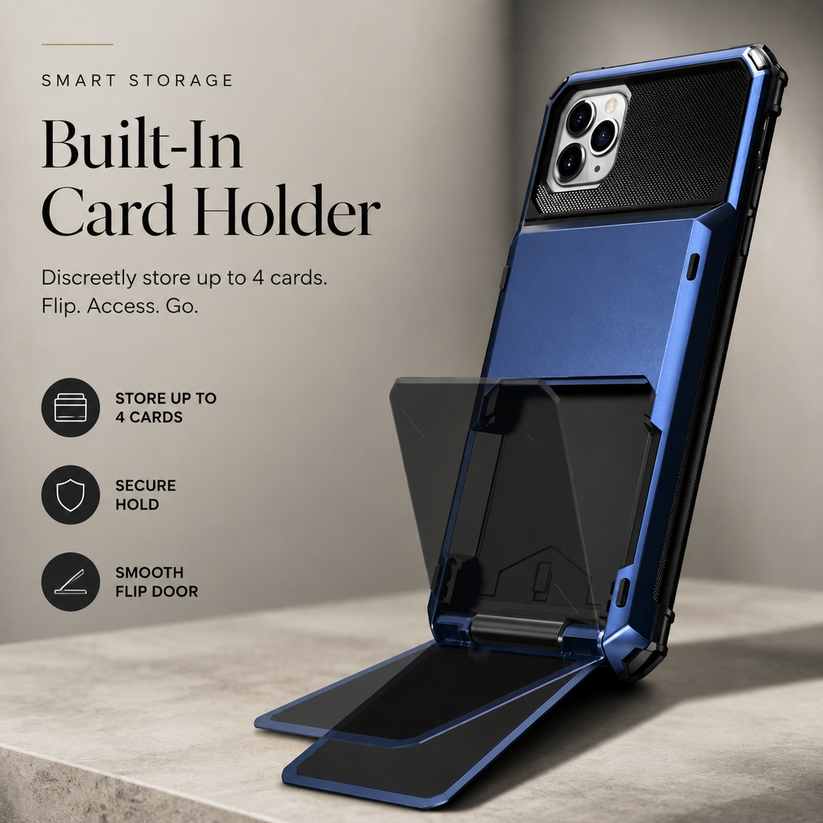 Premium iPhone Case Wallet Cover 5-Card Holder Hidden Flip Door Dual Layer Shockproof PC+TPU Raised Screen Lips Scratch Resistant Protective Case Slim