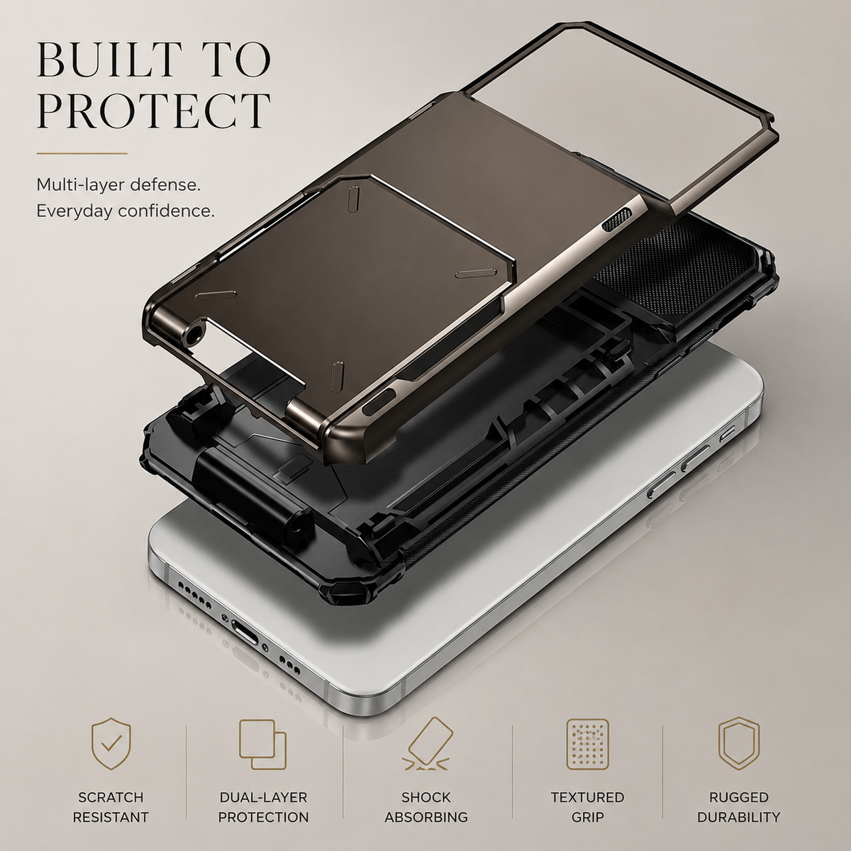 Premium iPhone Case Wallet Cover 5-Card Holder Hidden Flip Door Dual Layer Shockproof PC+TPU Raised Screen Lips Scratch Resistant Protective Case Slim