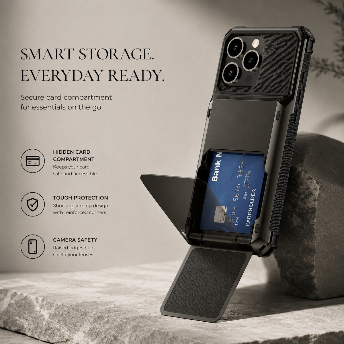 Premium iPhone Case Wallet Cover 5-Card Holder Hidden Flip Door Dual Layer Shockproof PC+TPU Raised Screen Lips Scratch Resistant Protective Case Slim