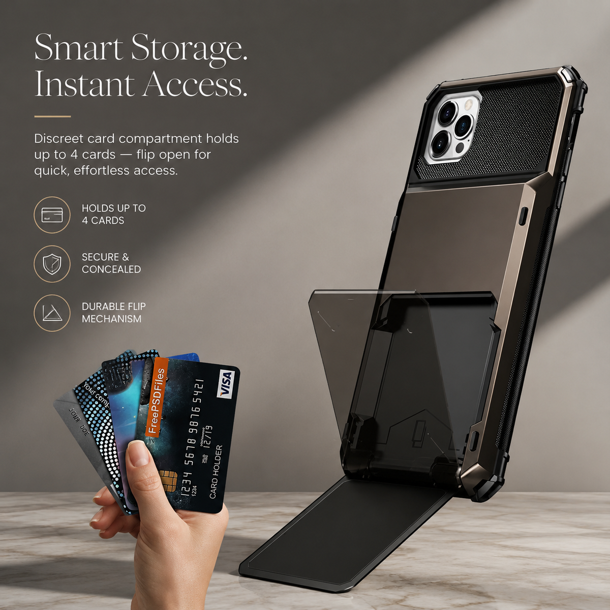 Premium iPhone Case Wallet Cover 5-Card Holder Hidden Flip Door Dual Layer Shockproof PC+TPU Raised Screen Lips Scratch Resistant Protective Case Slim