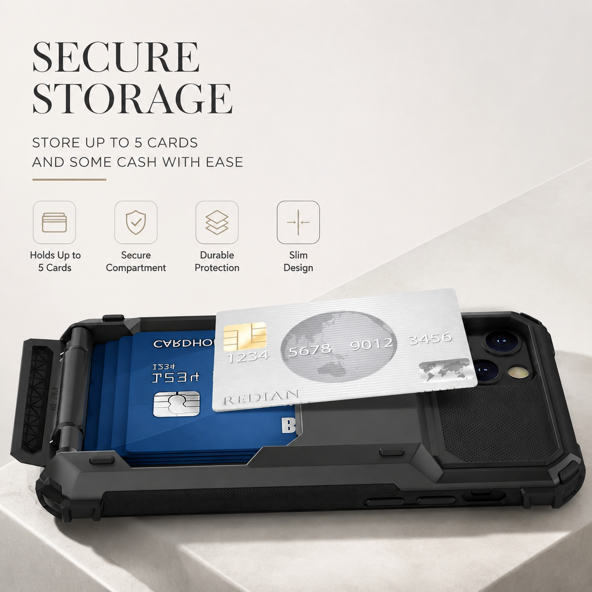 Premium iPhone Case Wallet Cover 5-Card Holder Hidden Flip Door Dual Layer Shockproof PC+TPU Raised Screen Lips Scratch Resistant Protective Case Slim