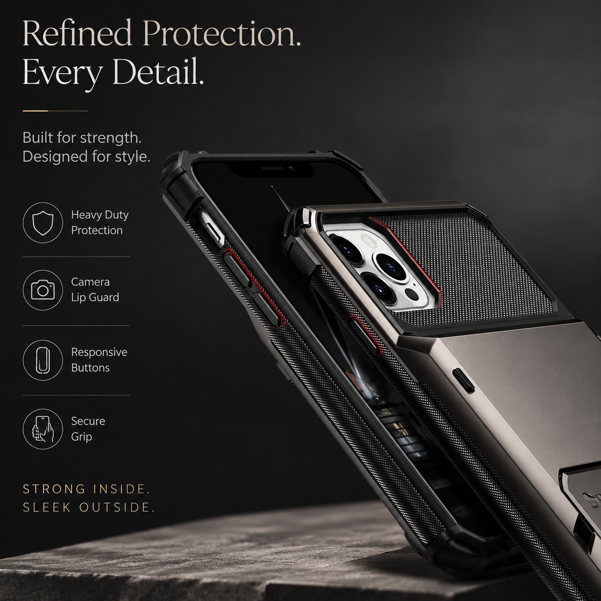 Premium iPhone Case Wallet Cover 5-Card Holder Hidden Flip Door Dual Layer Shockproof PC+TPU Raised Screen Lips Scratch Resistant Protective Case Slim