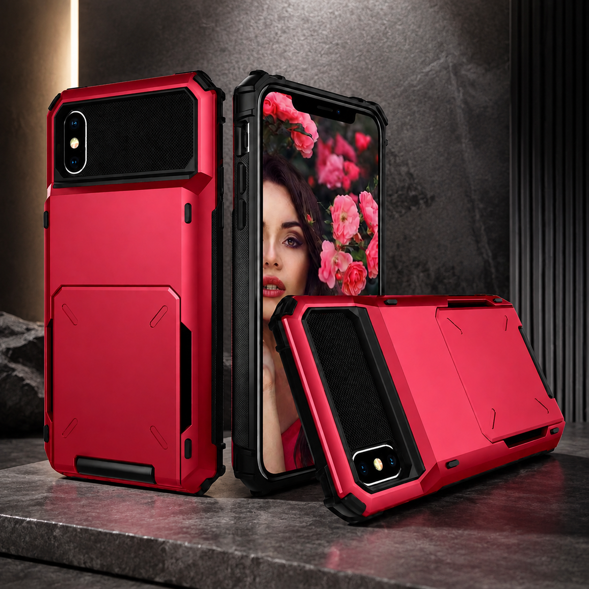 Premium iPhone Case Wallet Cover 5-Card Holder Hidden Flip Door Dual Layer Shockproof PC+TPU Raised Screen Lips Scratch Resistant Protective Case Slim