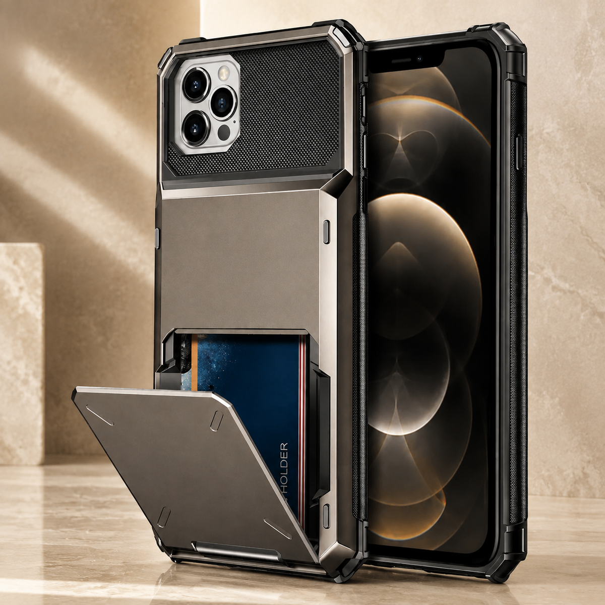 Premium iPhone Case Wallet Cover 5-Card Holder Hidden Flip Door Dual Layer Shockproof PC+TPU Raised Screen Lips Scratch Resistant Protective Case Slim