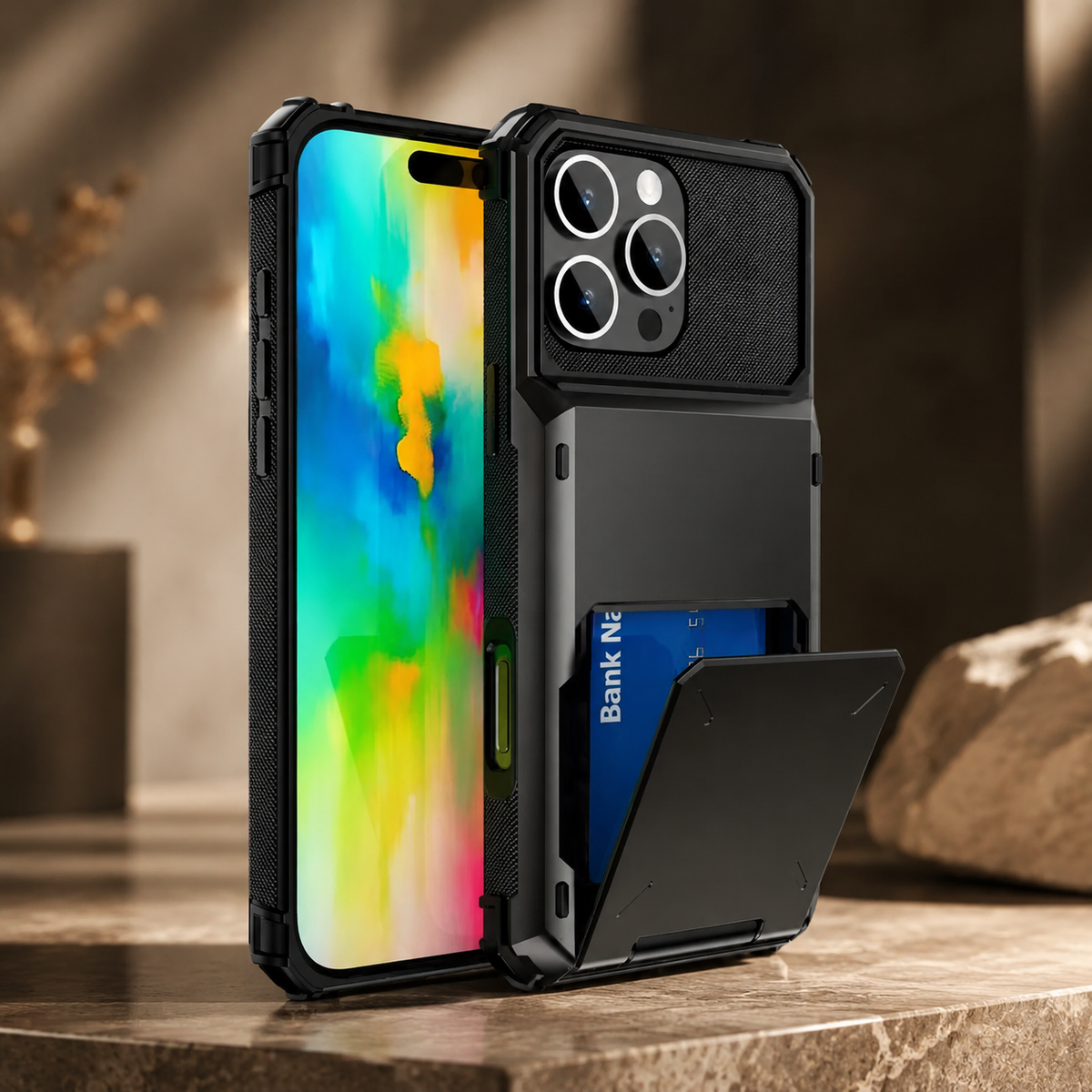 Premium iPhone Case Wallet Cover 5-Card Holder Hidden Flip Door Dual Layer Shockproof PC+TPU Raised Screen Lips Scratch Resistant Protective Case Slim