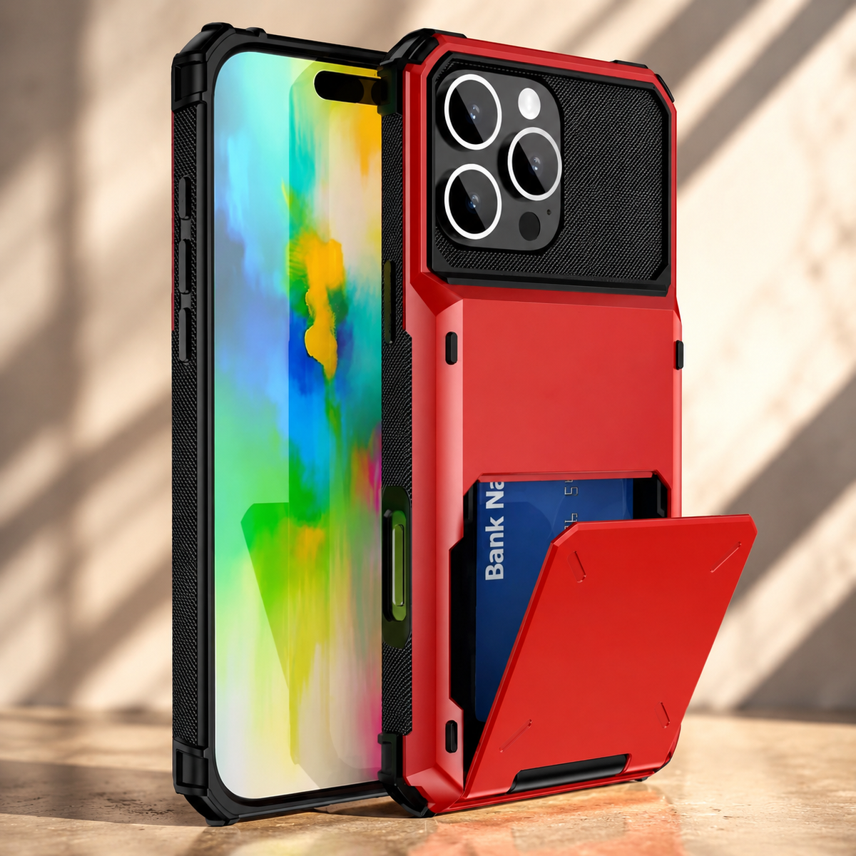 Premium iPhone Case Wallet Cover 5-Card Holder Hidden Flip Door Dual Layer Shockproof PC+TPU Raised Screen Lips Scratch Resistant Protective Case Slim