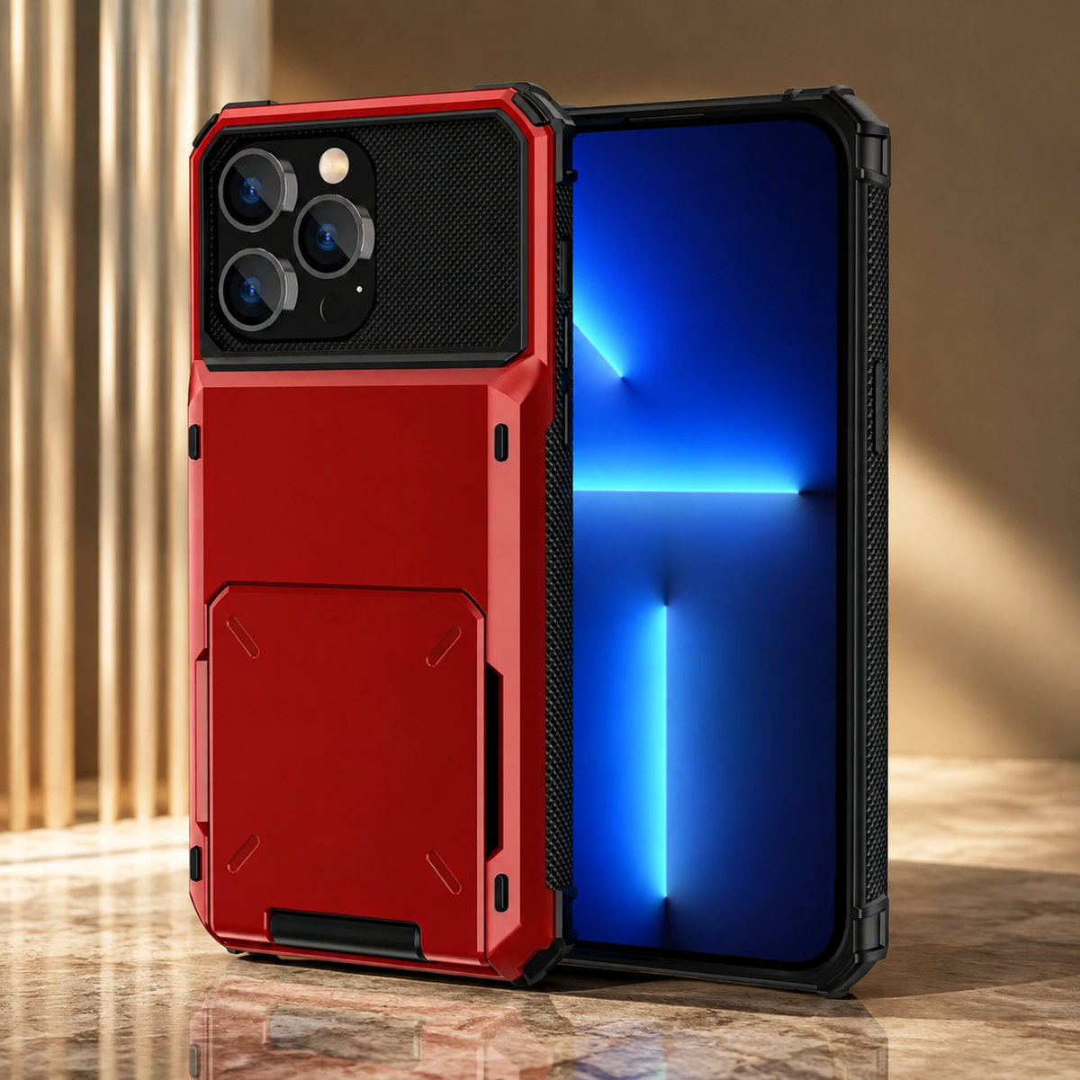 Premium iPhone Case Wallet Cover 5-Card Holder Hidden Flip Door Dual Layer Shockproof PC+TPU Raised Screen Lips Scratch Resistant Protective Case Slim