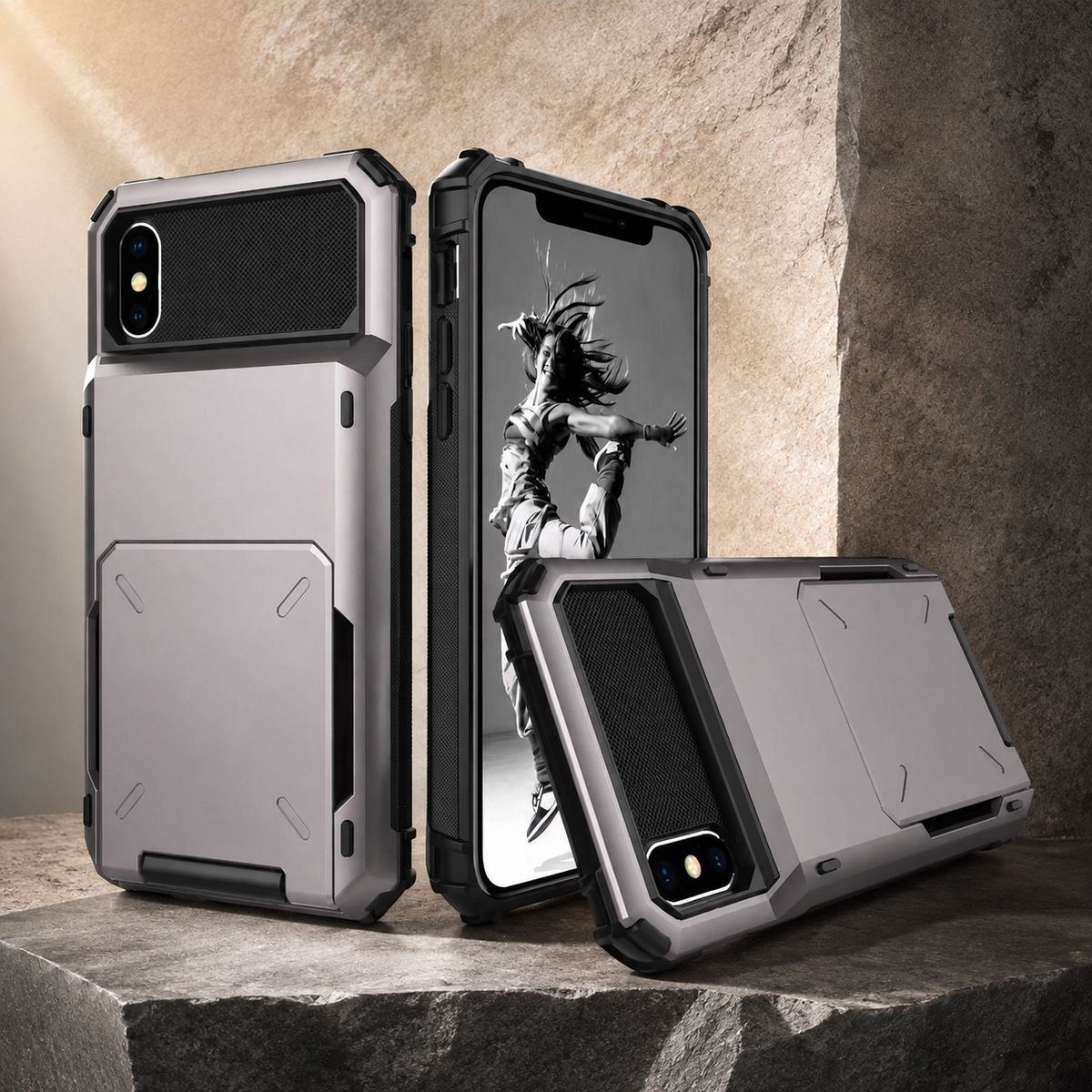 Premium iPhone Case Wallet Cover 5-Card Holder Hidden Flip Door Dual Layer Shockproof PC+TPU Raised Screen Lips Scratch Resistant Protective Case Slim