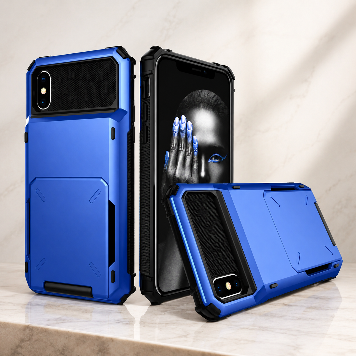 Premium iPhone Case Wallet Cover 5-Card Holder Hidden Flip Door Dual Layer Shockproof PC+TPU Raised Screen Lips Scratch Resistant Protective Case Slim