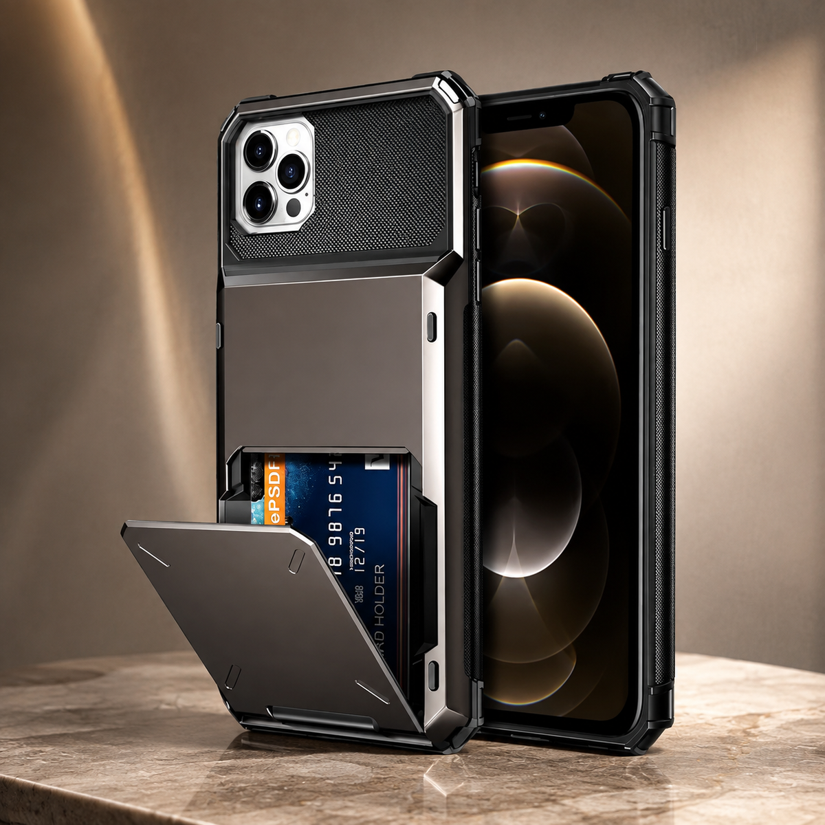 Premium iPhone Case Wallet Cover 5-Card Holder Hidden Flip Door Dual Layer Shockproof PC+TPU Raised Screen Lips Scratch Resistant Protective Case Slim