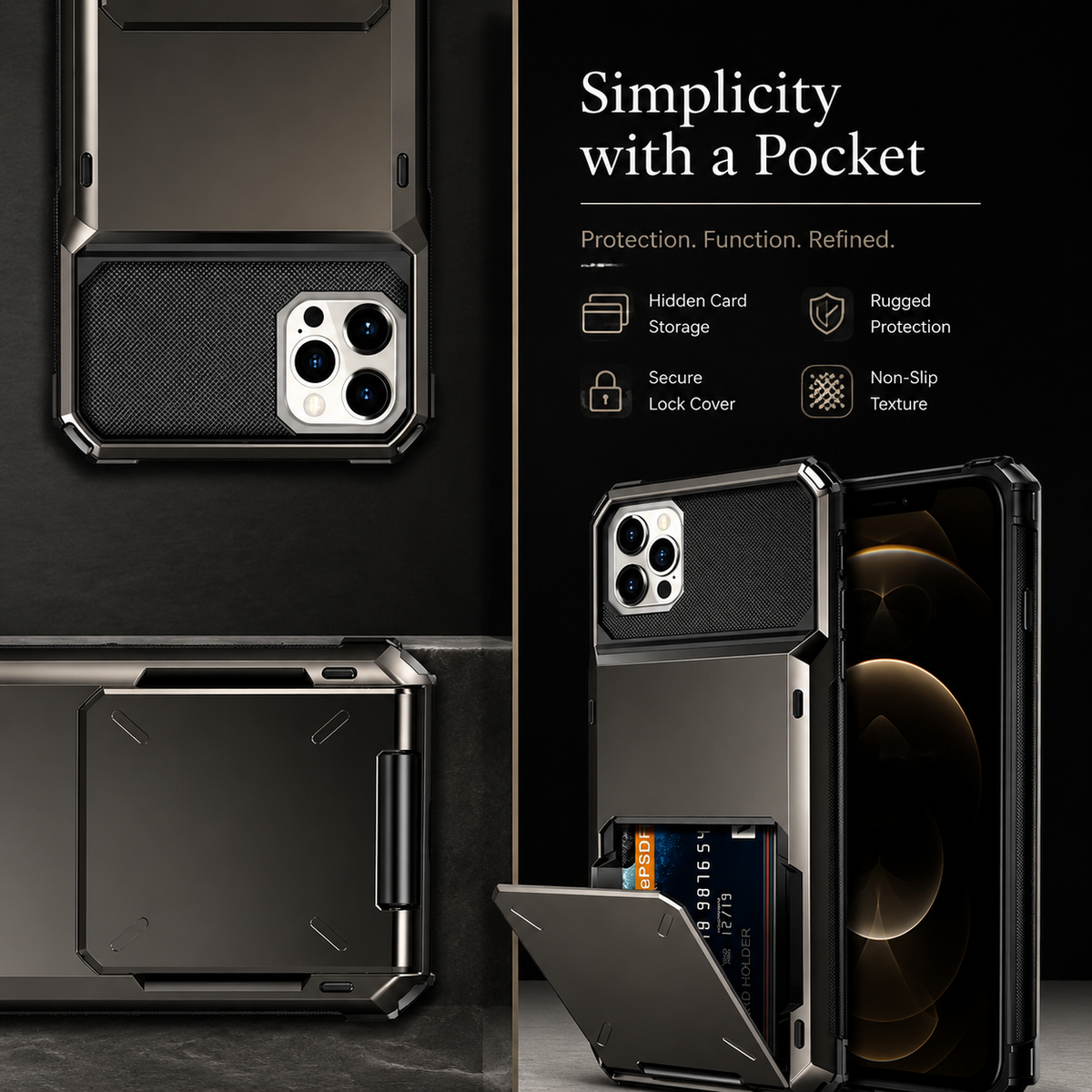 Premium iPhone Case Wallet Cover 5-Card Holder Hidden Flip Door Dual Layer Shockproof PC+TPU Raised Screen Lips Scratch Resistant Protective Case Slim