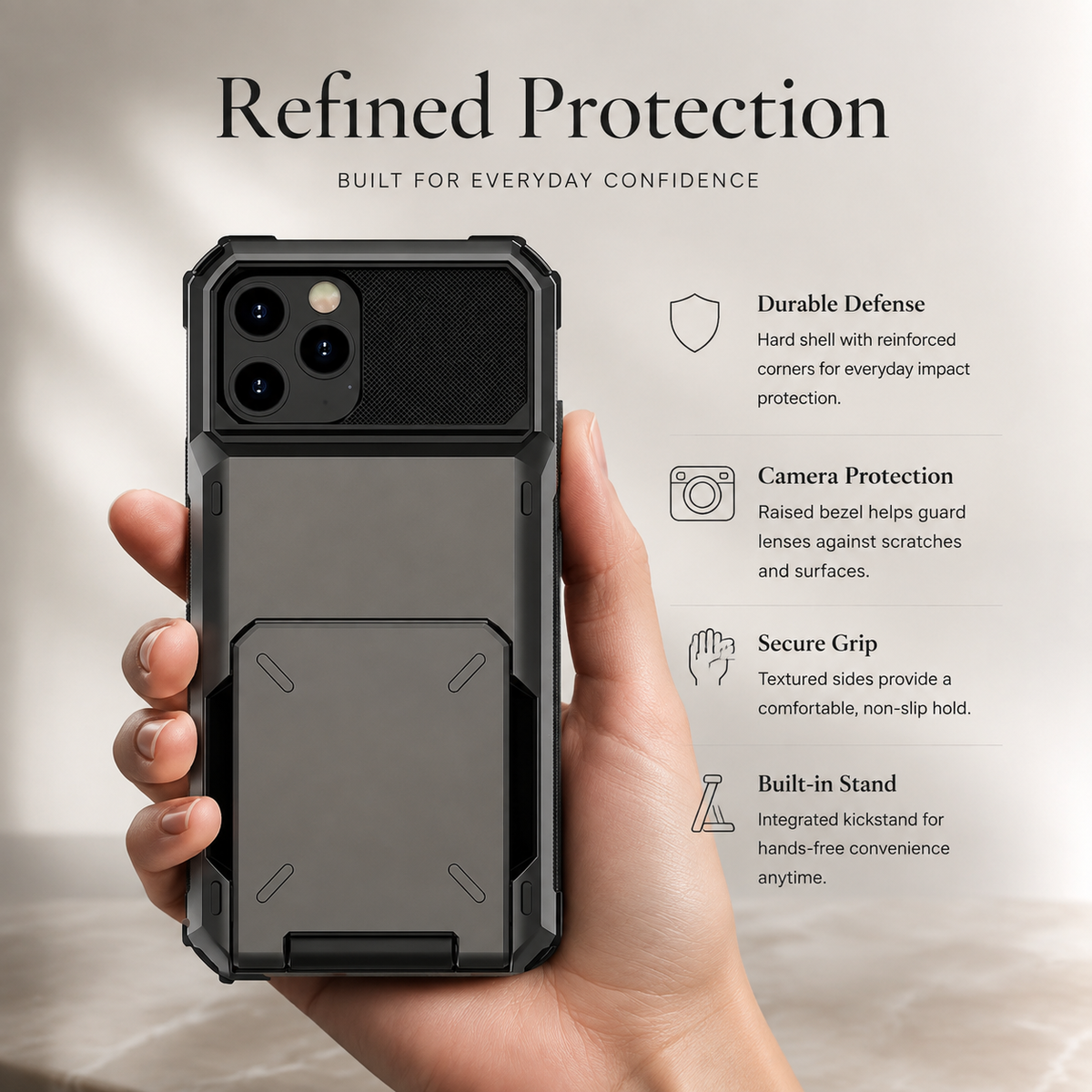 Premium iPhone Case Wallet Cover 5-Card Holder Hidden Flip Door Dual Layer Shockproof PC+TPU Raised Screen Lips Scratch Resistant Protective Case Slim