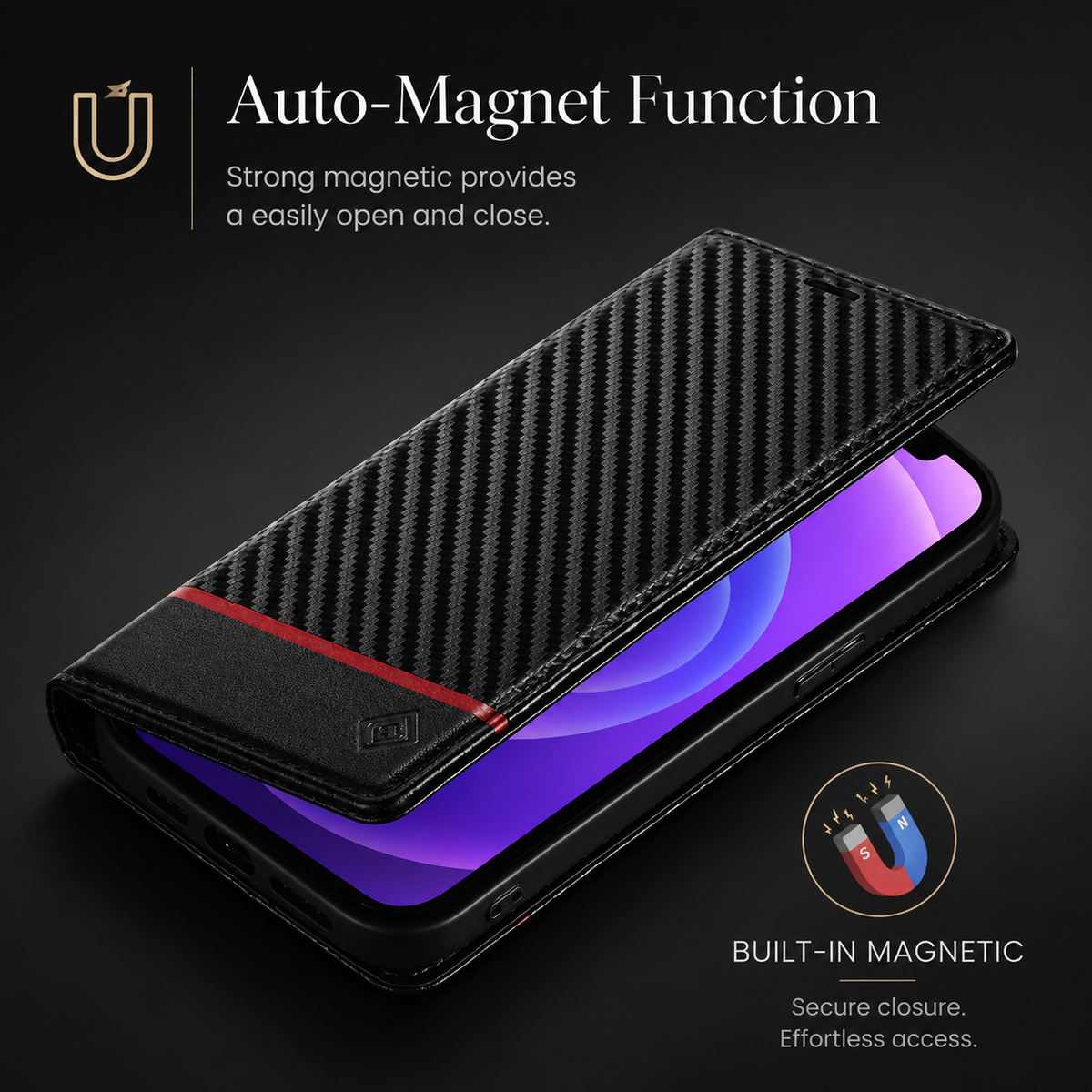 Premium iPhone Case Wallet MagSafe Compatible Carbon Fiber Leather Flip Cover Card Holder Stand Shockproof Camera Protection Slim Protective Design