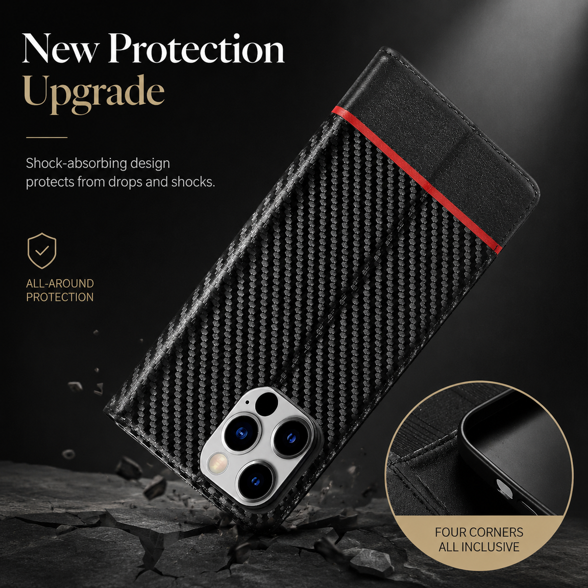 Premium iPhone Case Wallet MagSafe Compatible Carbon Fiber Leather Flip Cover Card Holder Stand Shockproof Camera Protection Slim Protective Design