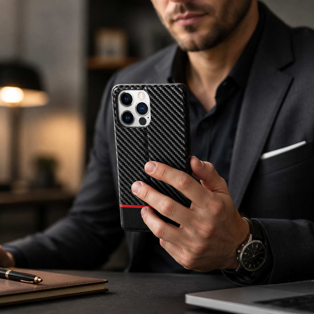 Premium iPhone Case Wallet MagSafe Compatible Carbon Fiber Leather Flip Cover Card Holder Stand Shockproof Camera Protection Slim Protective Design