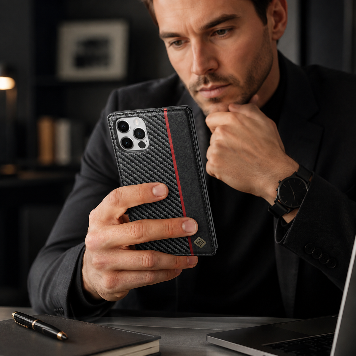 Premium iPhone Case Wallet MagSafe Compatible Carbon Fiber Leather Flip Cover Card Holder Stand Shockproof Camera Protection Slim Protective Design