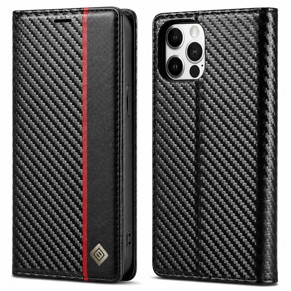 Premium iPhone Case Wallet MagSafe Compatible Carbon Fiber Leather Flip Cover Card Holder Stand Shockproof Camera Protection Slim Protective Design