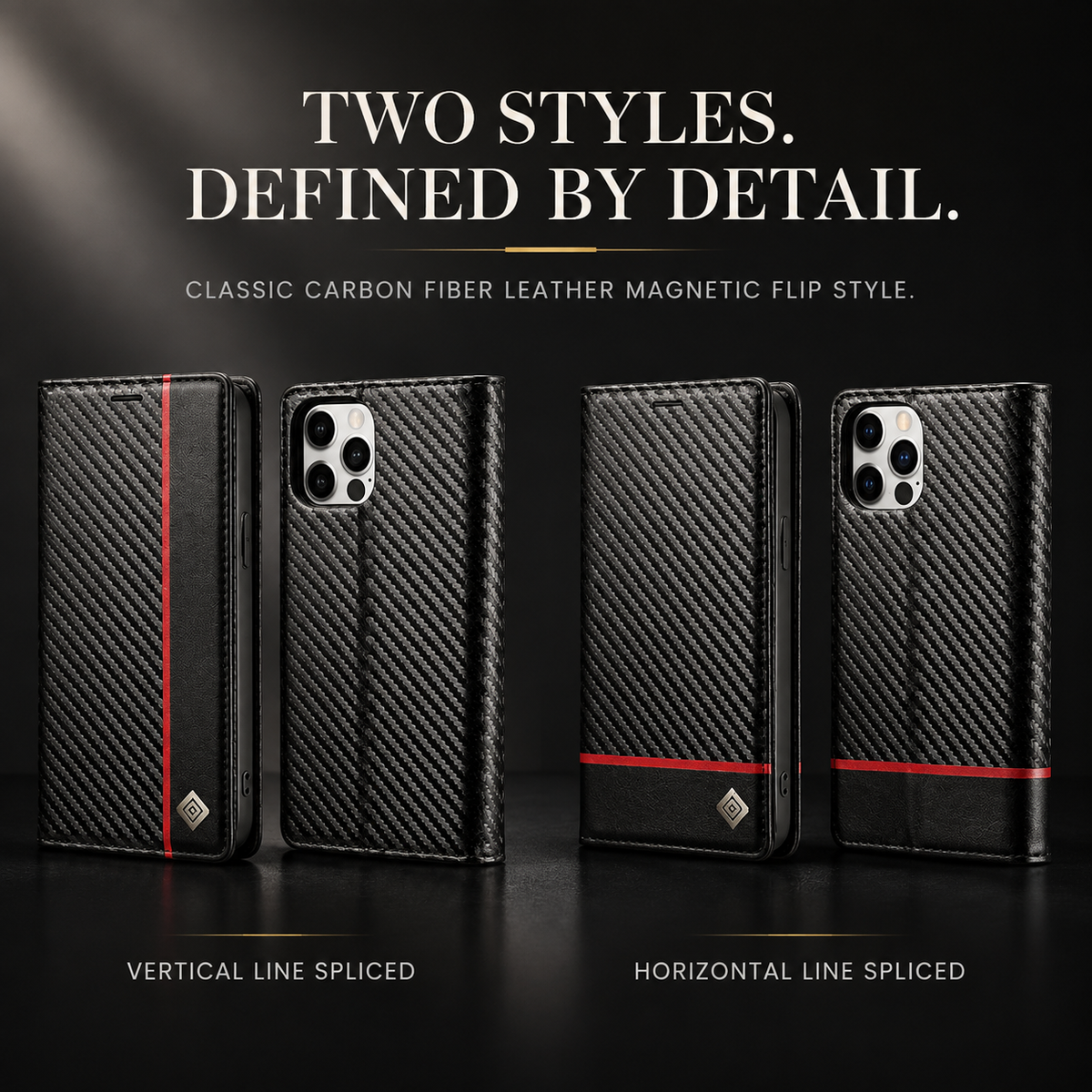Premium iPhone Case Wallet MagSafe Compatible Carbon Fiber Leather Flip Cover Card Holder Stand Shockproof Camera Protection Slim Protective Design