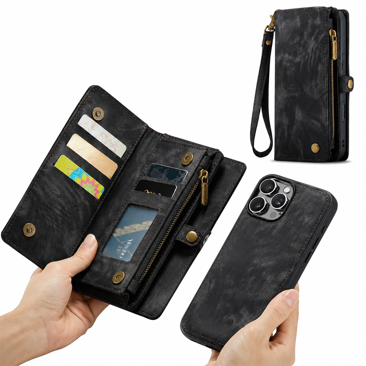 Premium iPhone Case Wallet MagSafe Compatible Detachable Leather Flip Cover Card Holder Stand Shockproof Camera Lens Protection Slim Design