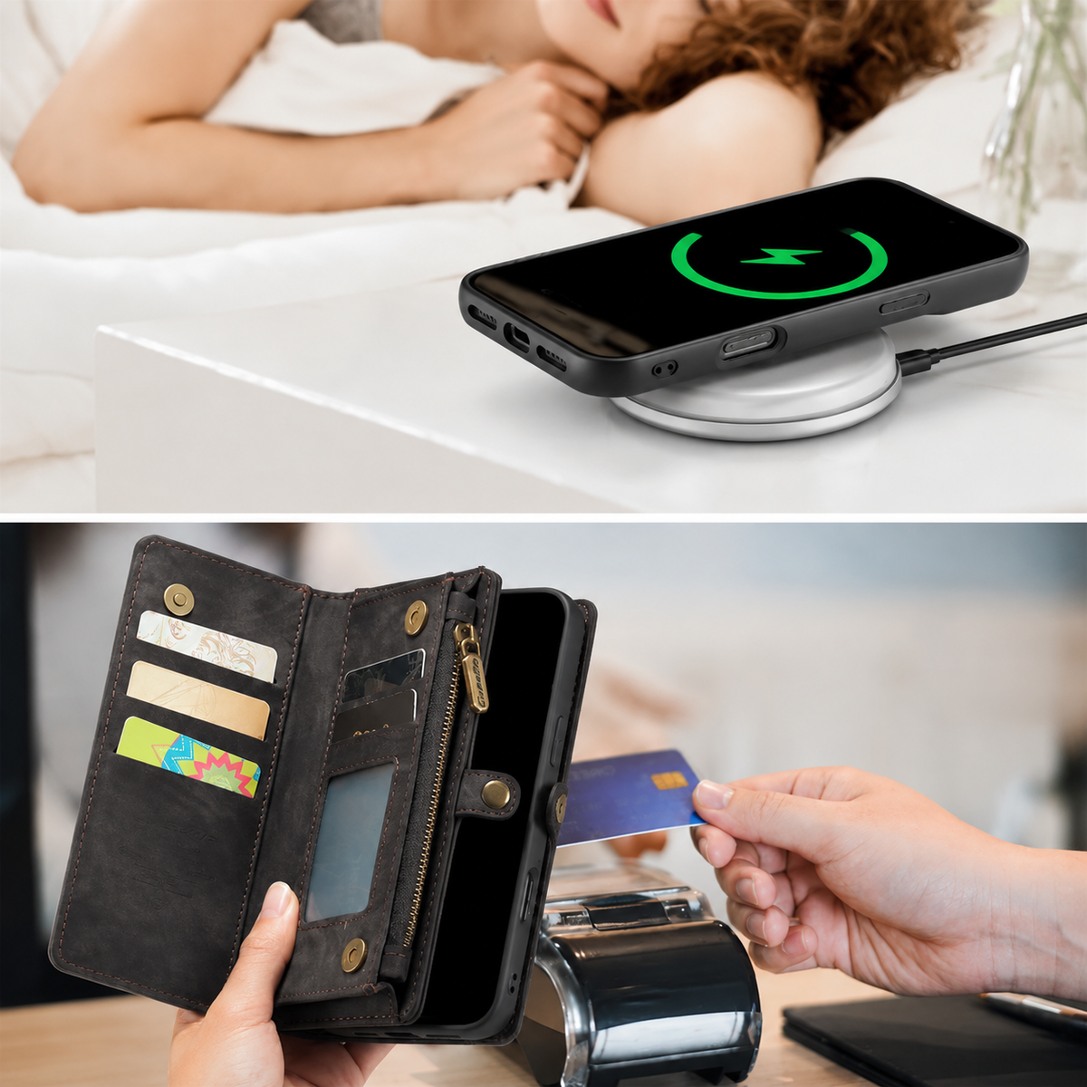 Premium iPhone Case Wallet MagSafe Compatible Detachable Leather Flip Cover Card Holder Stand Shockproof Camera Lens Protection Slim Design