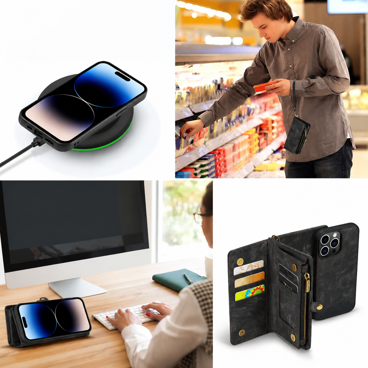 Premium iPhone Case Wallet MagSafe Compatible Detachable Leather Flip Cover Card Holder Stand Shockproof Camera Lens Protection Slim Design