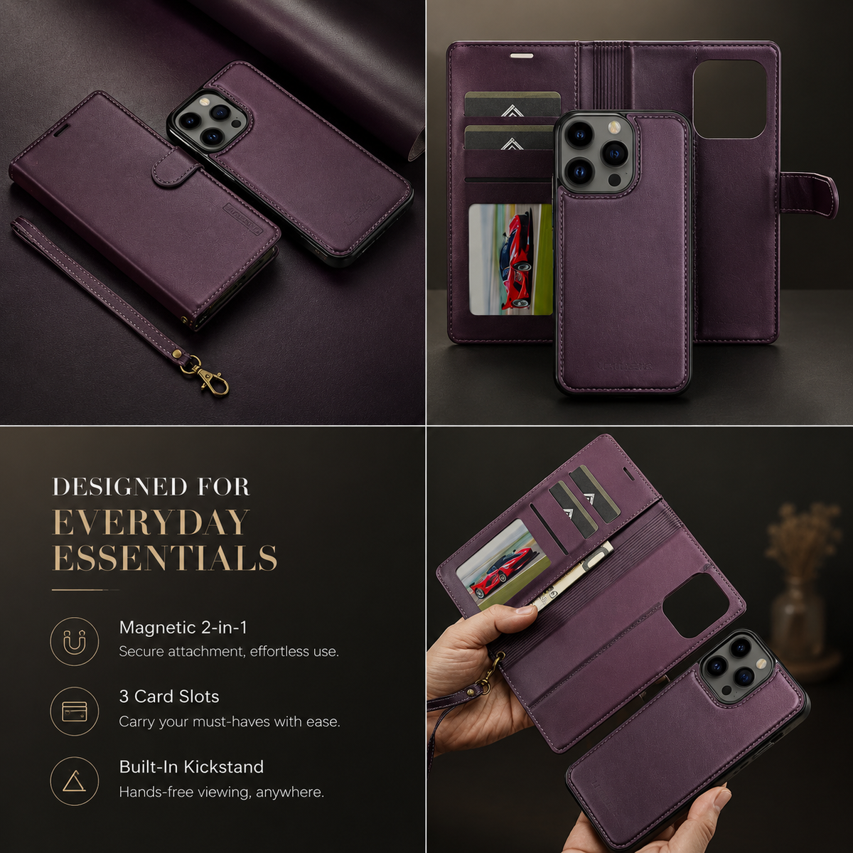 Premium iPhone Case Wallet MagSafe Compatible Detachable Leather Flip Cover Card Holder Stand Shockproof Camera Lens Protection Slim Design