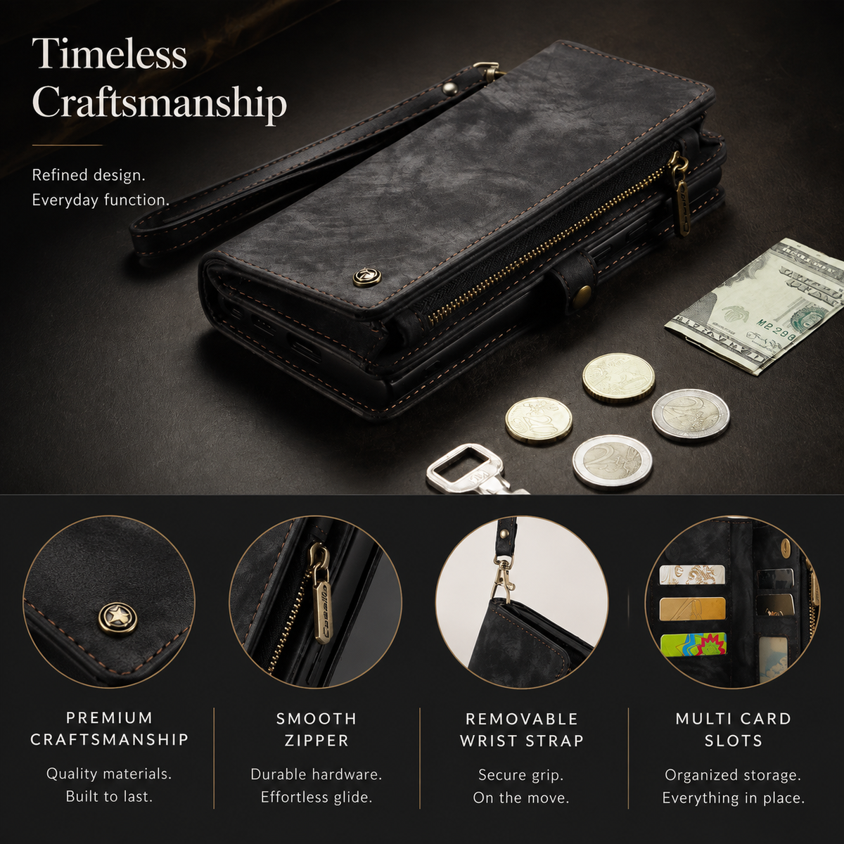 Premium iPhone Case Wallet MagSafe Compatible Detachable Leather Flip Cover Card Holder Stand Shockproof Camera Lens Protection Slim Design