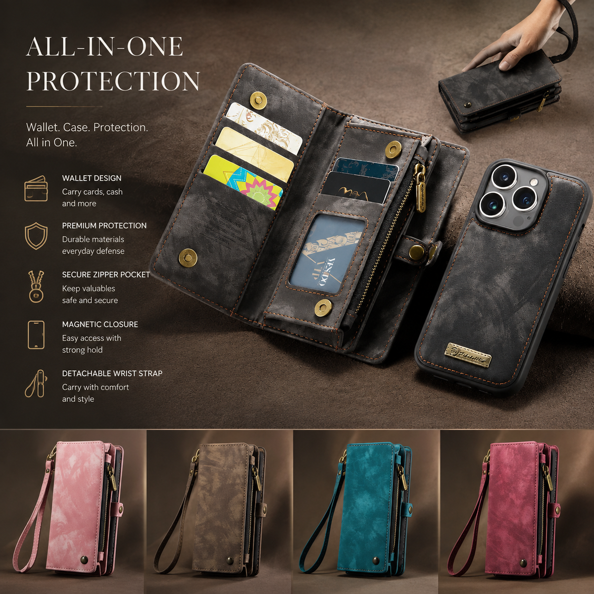 Premium iPhone Case Wallet MagSafe Compatible Detachable Leather Flip Cover Card Holder Stand Shockproof Camera Lens Protection Slim Design