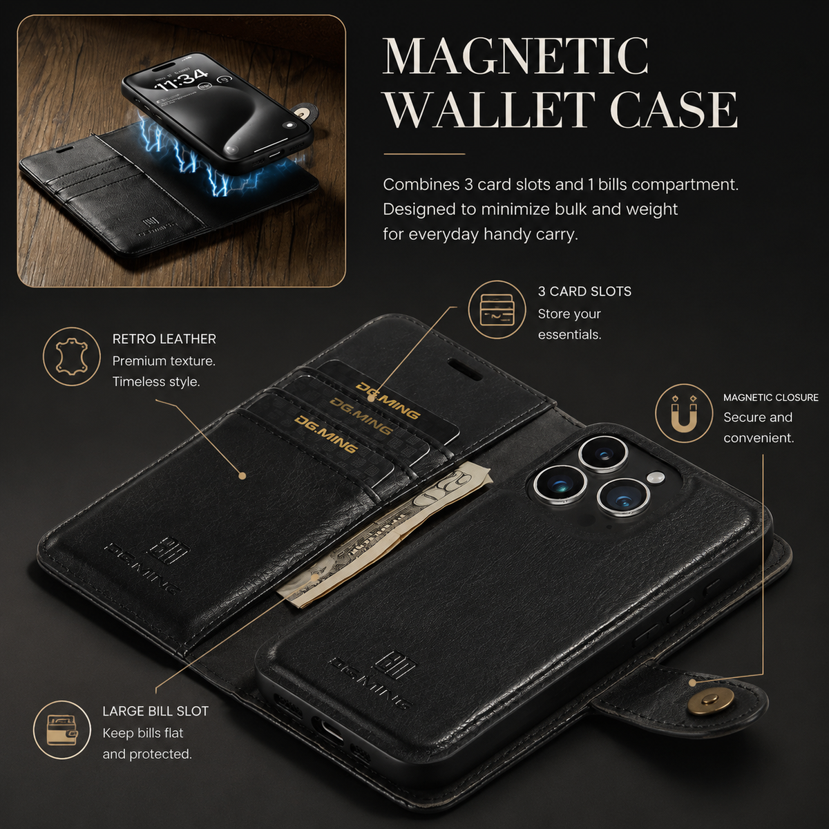 Premium iPhone Case Wallet MagSafe Compatible Detachable Magnetic Leather Shockproof Cover with Card Holder Camera Protection Slim Design