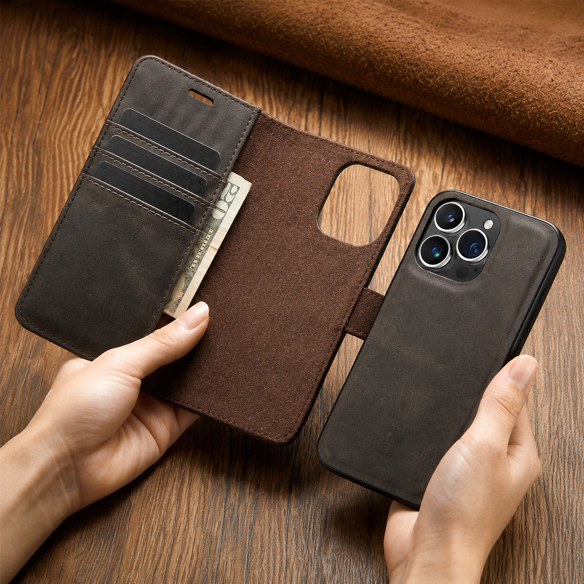 Premium iPhone Case Wallet MagSafe Compatible Detachable Magnetic Leather Shockproof Cover with Card Holder Camera Protection Slim Design