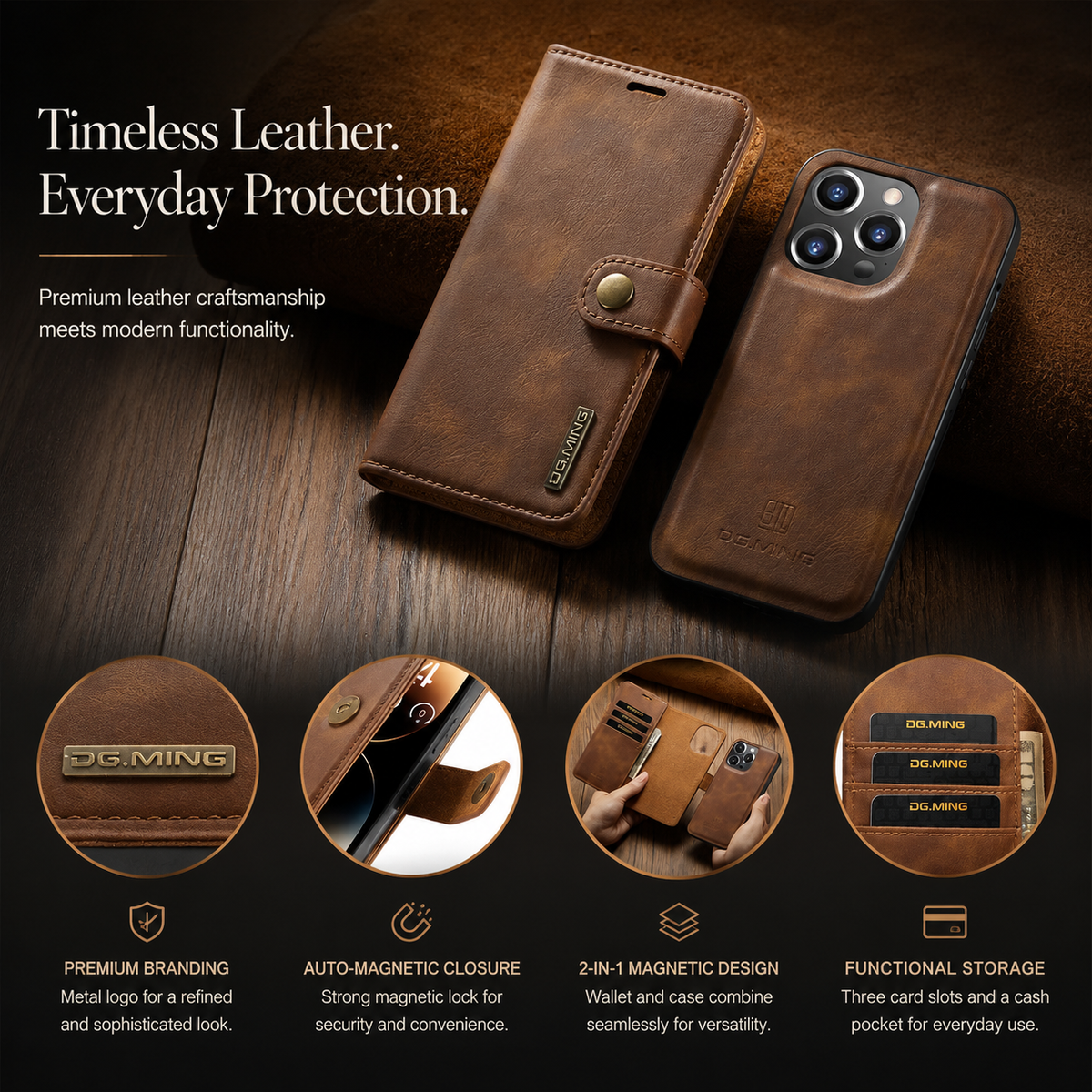 Premium iPhone Case Wallet MagSafe Compatible Detachable Magnetic Leather Shockproof Cover with Card Holder Camera Protection Slim Design