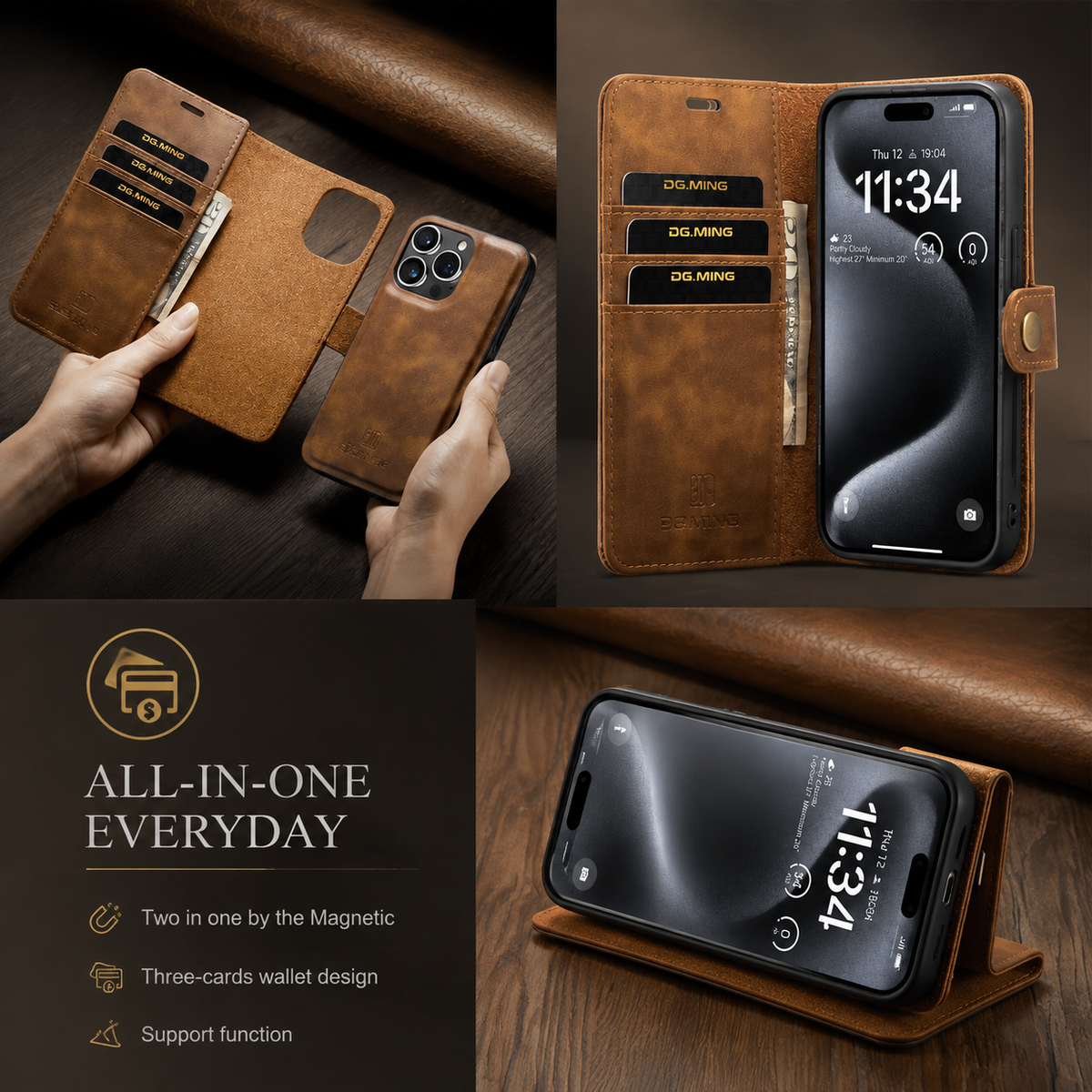 Premium iPhone Case Wallet MagSafe Compatible Detachable Magnetic Leather Shockproof Cover with Card Holder Camera Protection Slim Design