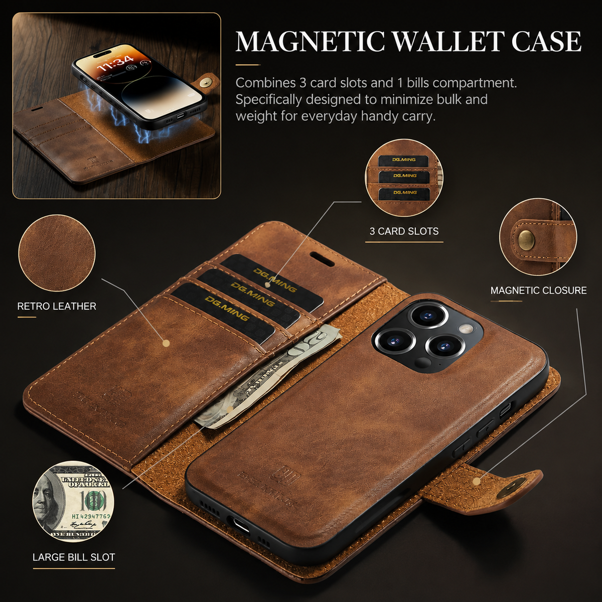 Premium iPhone Case Wallet MagSafe Compatible Detachable Magnetic Leather Shockproof Cover with Card Holder Camera Protection Slim Design