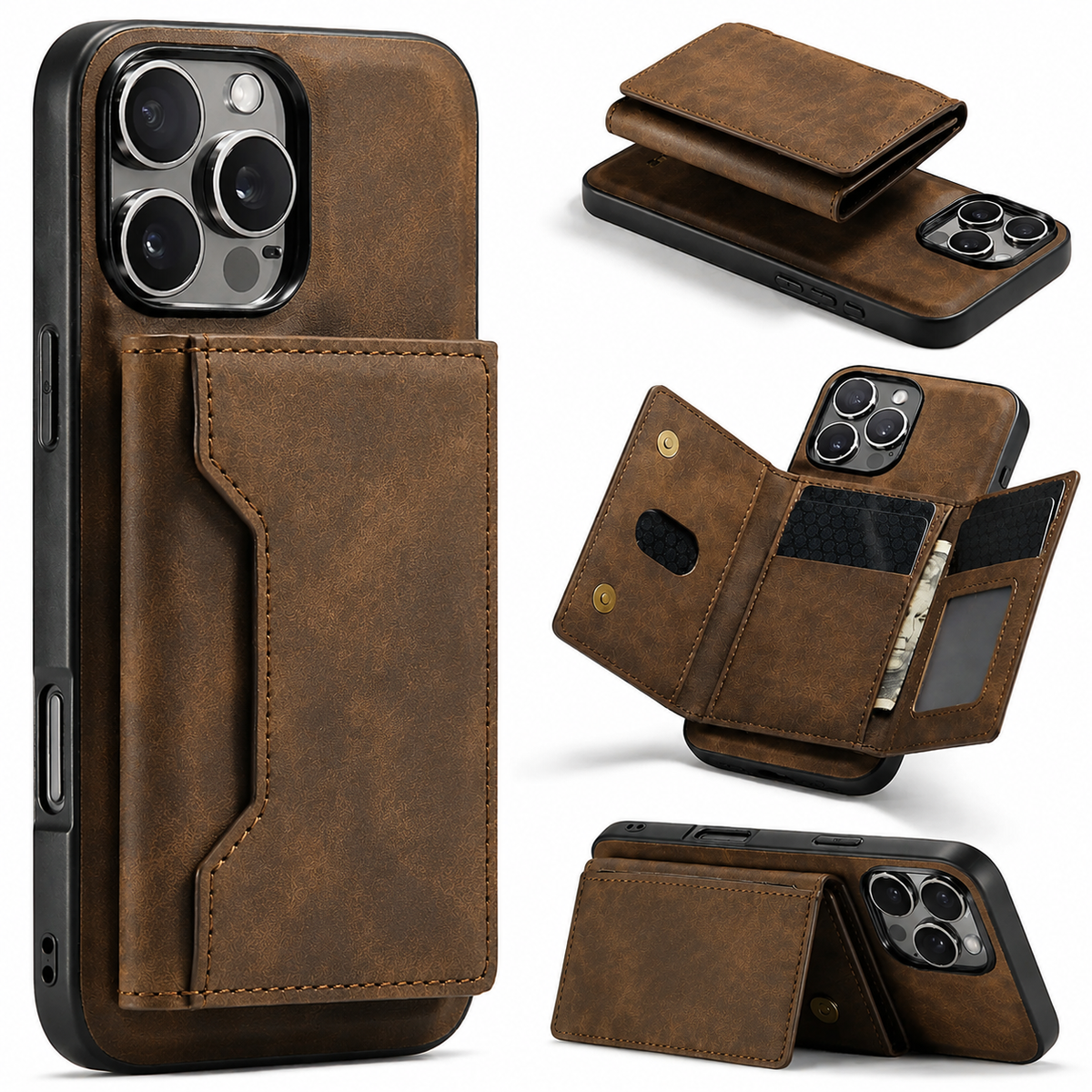 Premium iPhone Case Wallet MagSafe Compatible Leather Card Holder Shockproof Protective Cover with Camera Lens Protection, Slim Design