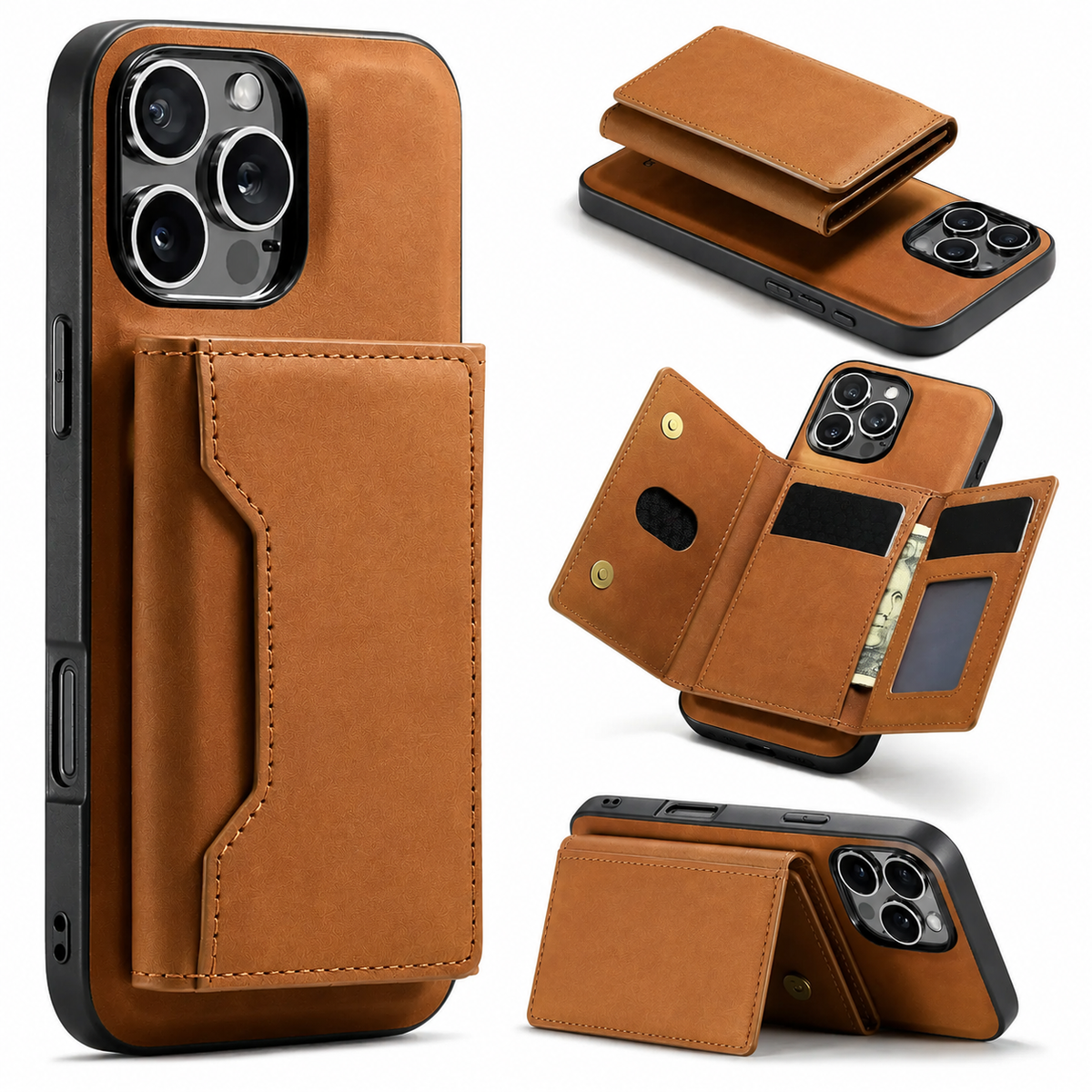 Premium iPhone Case Wallet MagSafe Compatible Leather Card Holder Shockproof Protective Cover with Camera Lens Protection, Slim Design