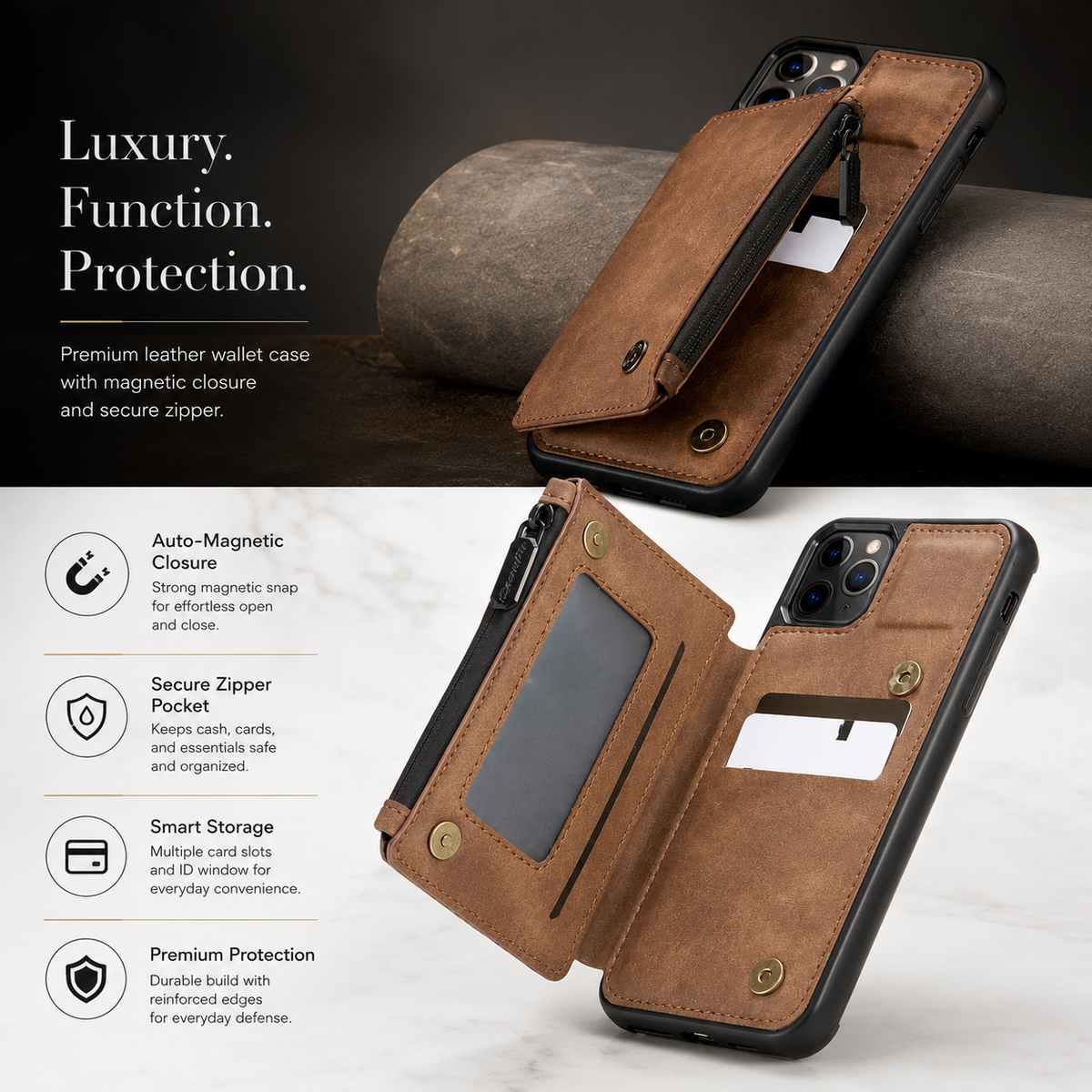 Premium iPhone Case Wallet MagSafe Compatible Leather Card Holder Stand Shockproof Protective Cover Camera Lens Protection Slim Lightweight Design Fit