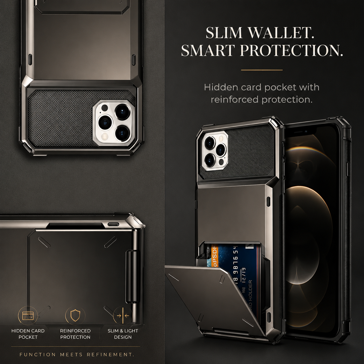 Premium iPhone Case Wallet MagSafe Compatible Magnetic 4 Card Holder Shockproof Protective Cover Camera Lens Protection Slim Design with Hidden Wallet