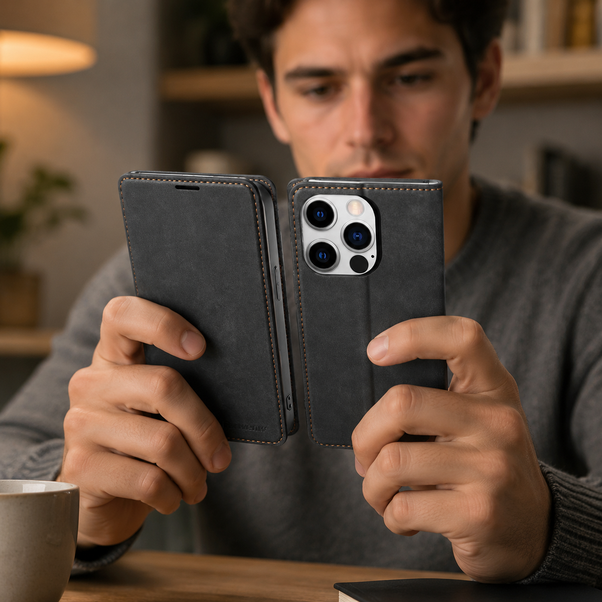 Premium iPhone Case Wallet MagSafe Compatible Suede Leather Flip Cover Card Holder Magnetic Closure Shockproof Full Body Camera Protection Slim Design