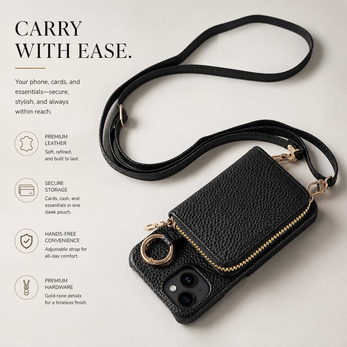 Premium iPhone Case Wallet MagSafe Compatible Zipper PU Leather Card Holder Crossbody Strap Magnetic Closure Shockproof Camera Protection Slim Design