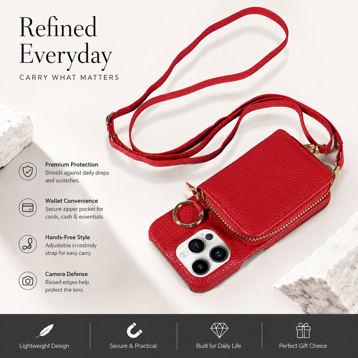 Premium iPhone Case Wallet MagSafe Compatible Zipper PU Leather Card Holder Crossbody Strap Magnetic Closure Shockproof Camera Protection Slim Design