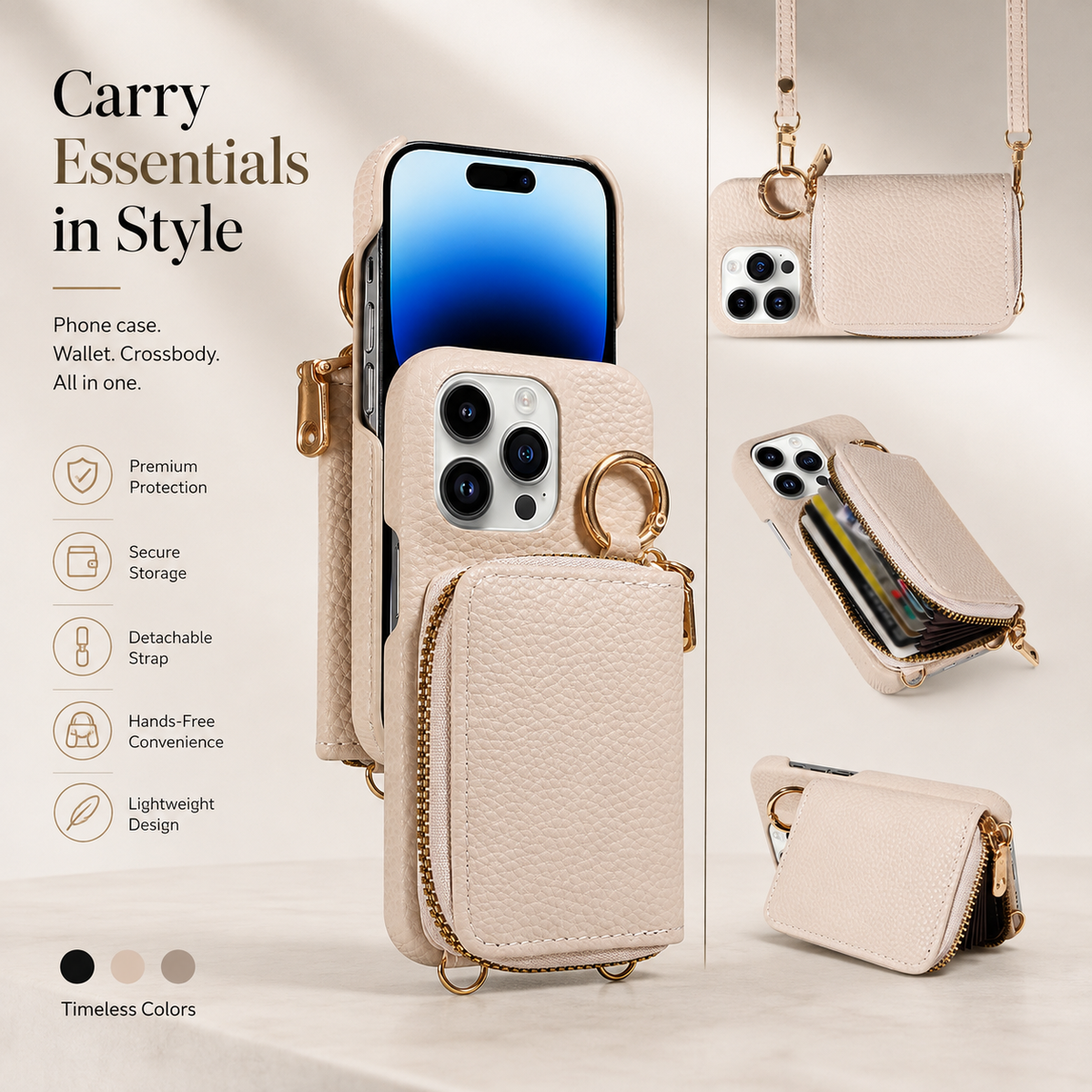 Premium iPhone Case Wallet MagSafe Compatible Zipper PU Leather Card Holder Crossbody Strap Magnetic Closure Shockproof Camera Protection Slim Design